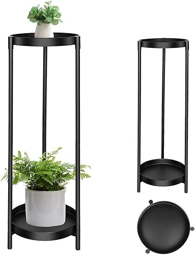 Soporte para Plantas de Interior y Exterior CEFZUM, Soporte de 2 Niveles de 24" de Altura en Negro para Macetas de Flores, Estante de Metal