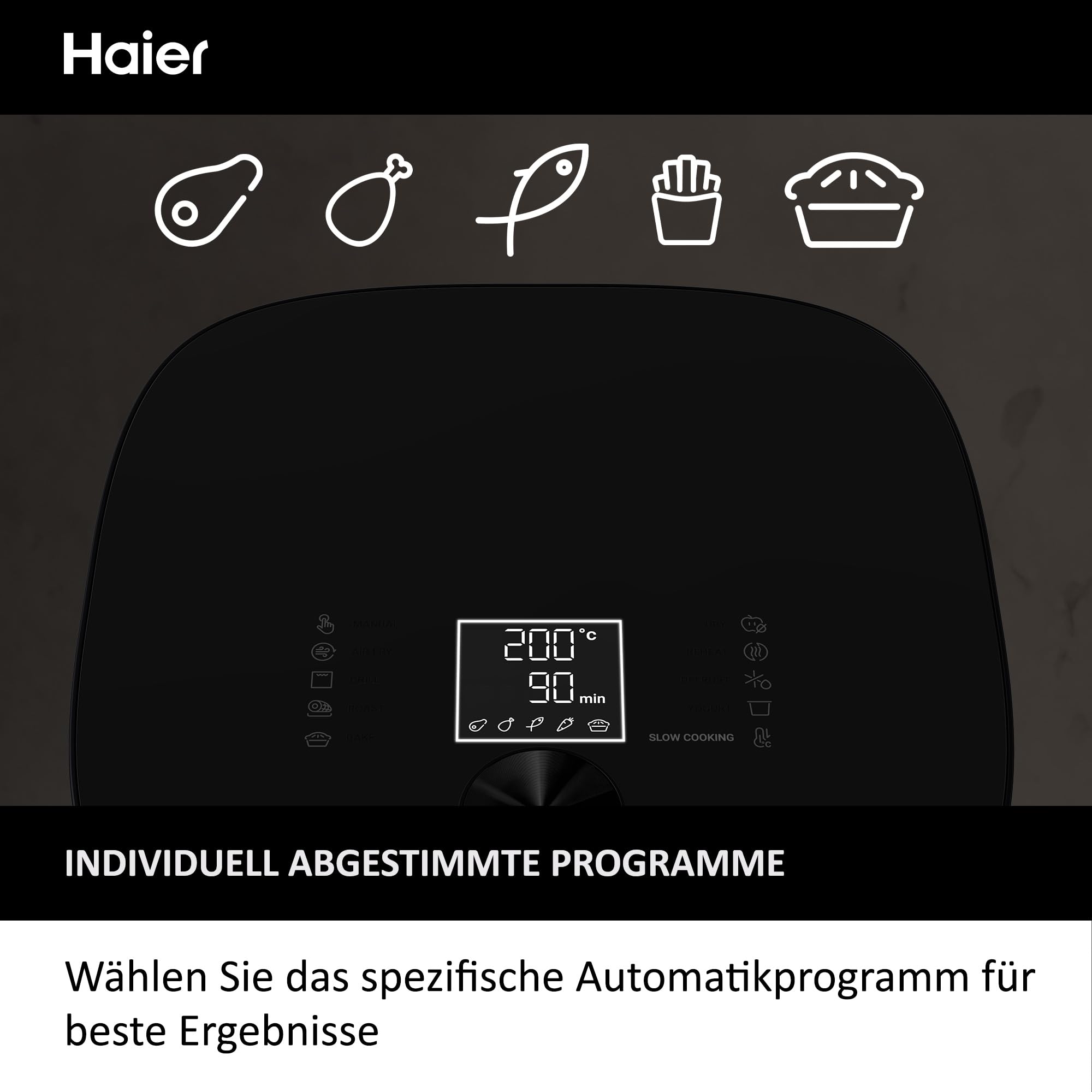Haier Heißluftfritteuse mit Glasfenster I Airfryer mit 9 Programmen & 7 Liter Fassungsvermögen I 1700W Fryer mit LED Display I Fritteuse Heißluft ohne Fett I spülmaschinenfest [Serie 5 - HAF5TWA]