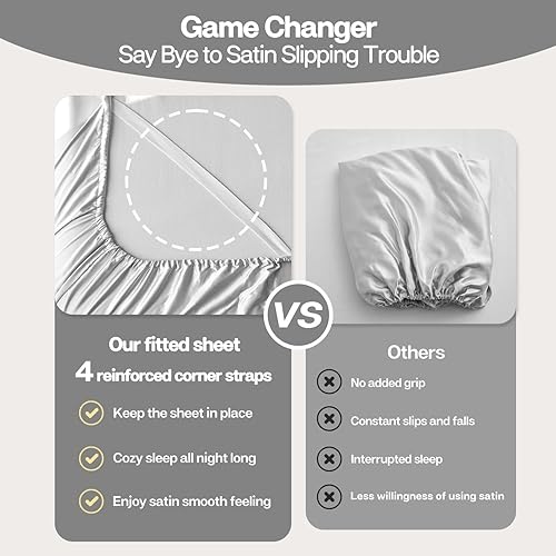 Miniatura 10 de MR&HM Sábana bajera de satén tamaño California King, sábana inferior sedosa con correas elásticas en las esquinas, bolsillo profundo de hasta 15
