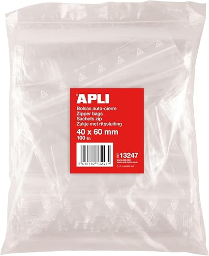 APLI 13247 - Pack de 100 bolsas de plástico con cierre autocierre 40 x 60 mm