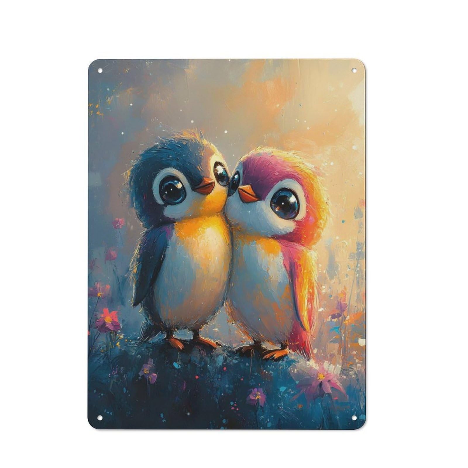 Junmoney Cute Oil Paint Penguin Couple Vintage Cafe Metal Sign 40X30cm Featuring Bistro Wall Plaque For Cafe, Bistro, Bakery Or Restaurant