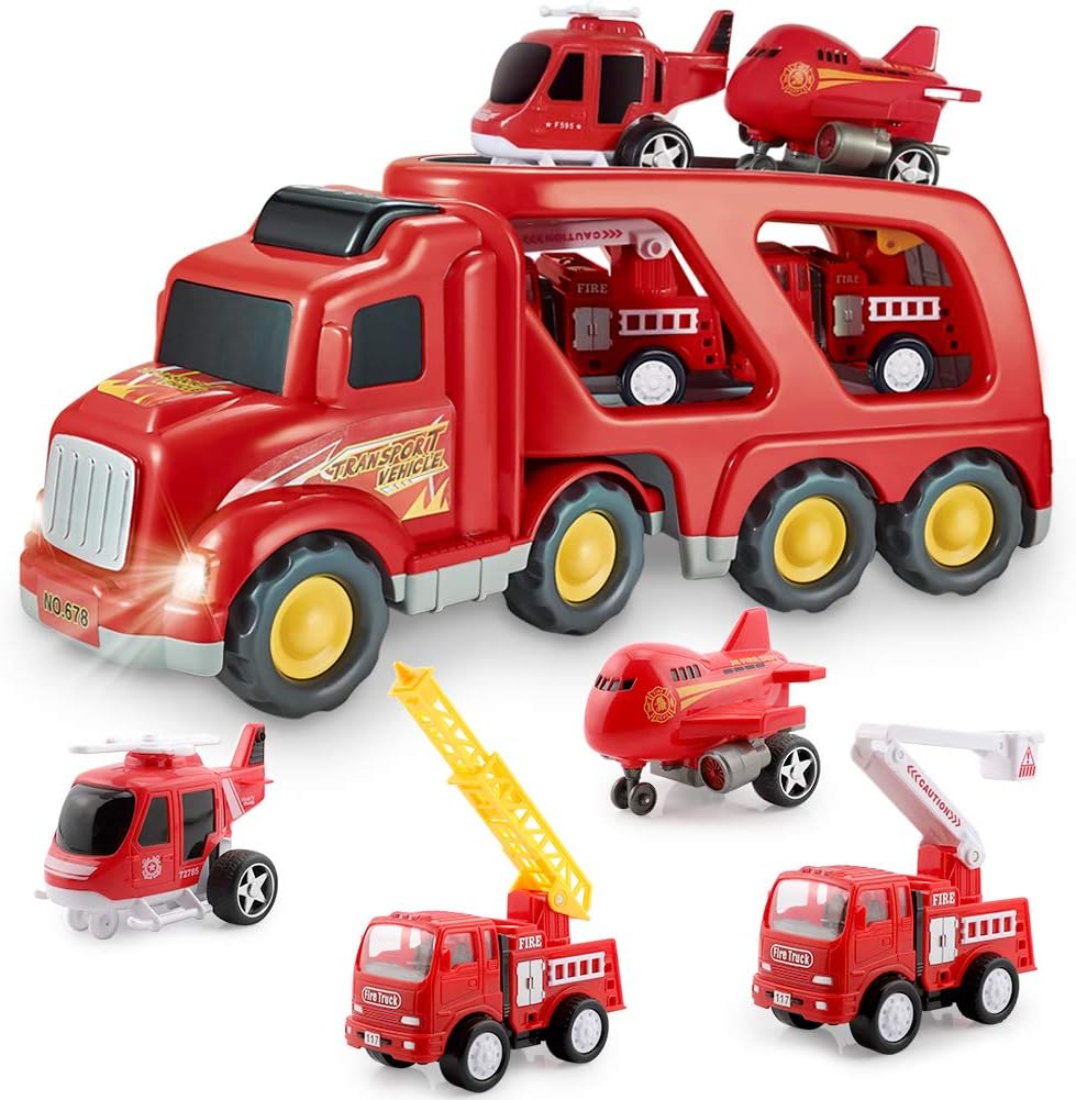 Fire Truck Car Toys Set, Friction Powered Car Carrier Trailer with Sound and Light, Play Vehicle Set for Kids Toddlers Boys Child Gift Age 3 4 5 6 7 Years Old, 2 Rescue Car, Helicopter, Plane
