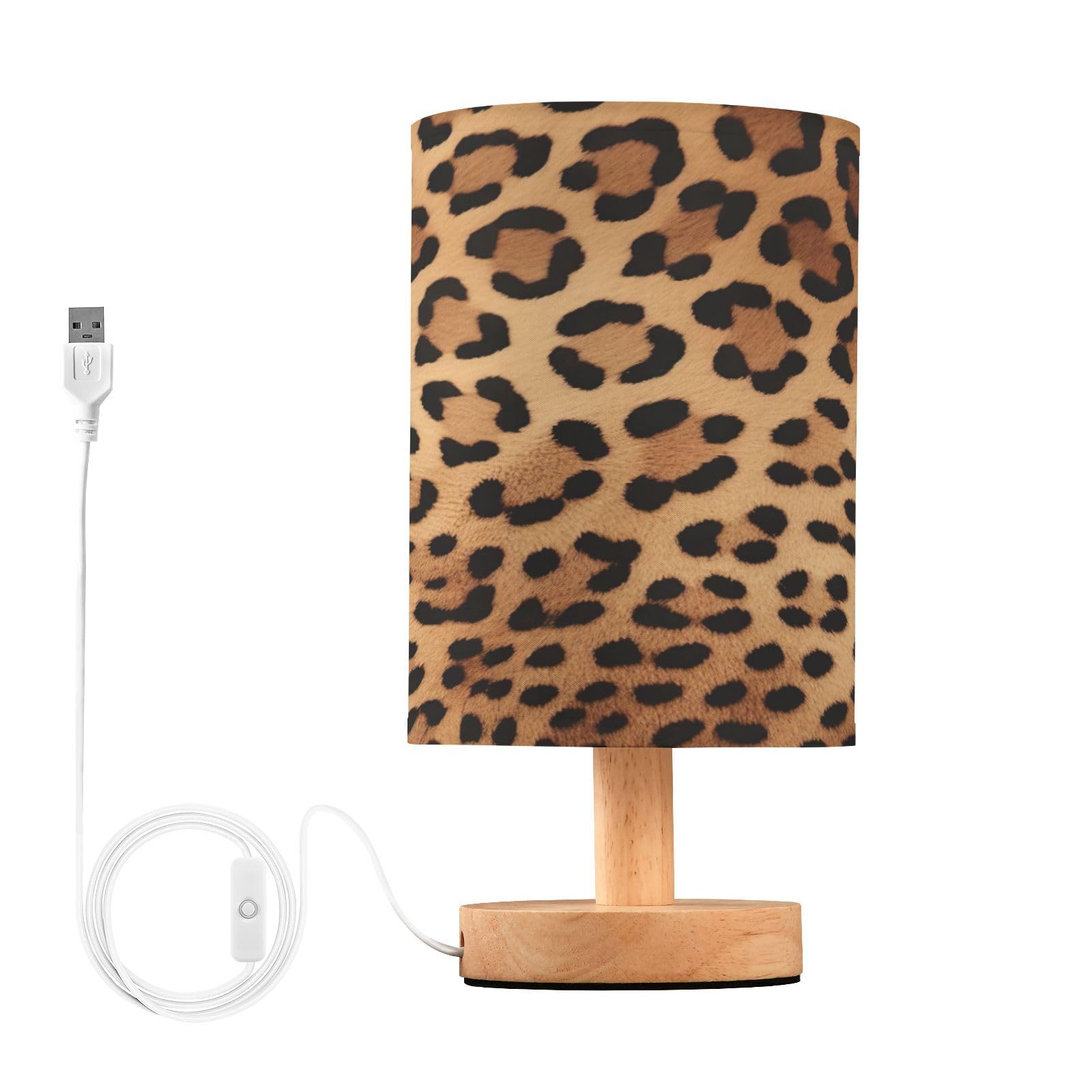 Lampa biurkowa LED USB z nadrukiem lamparta, mała lampka nocna z antypoślizgową drewnianą podstawą, cień, do salonu, sypialni, akademika, stylowe i funkcjonalne oświetlenie