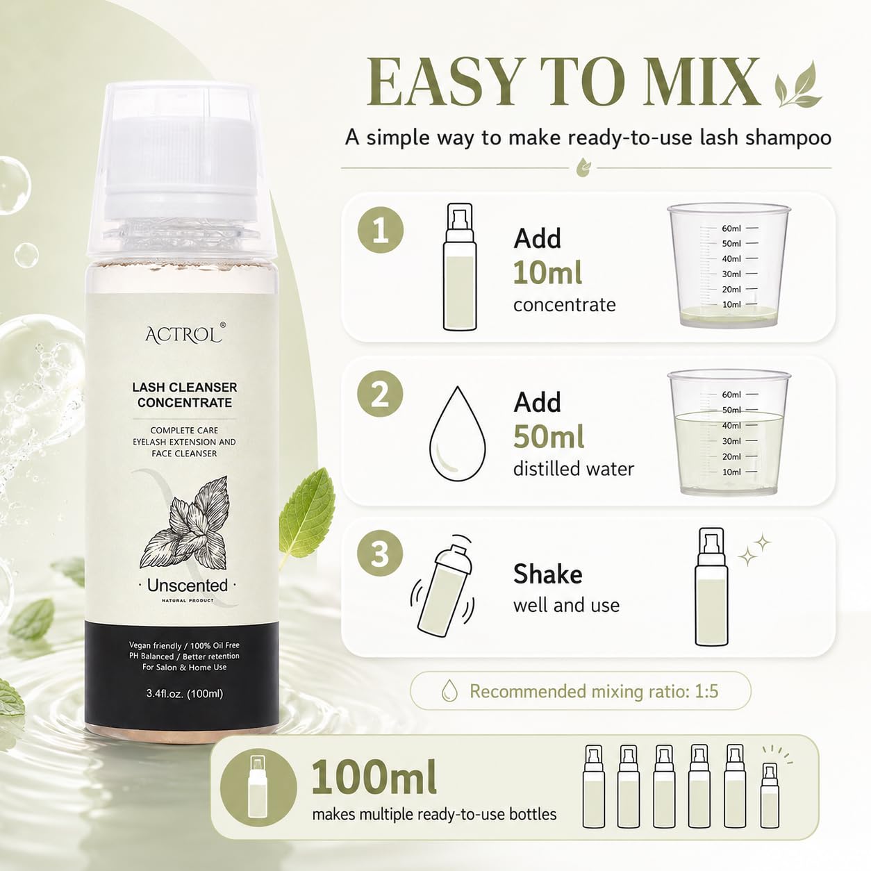 ACTROL Koncentrat do przedłużania rzęs, 100 ml, koncentrat do przedłużania rzęs, bezzapachowy, naturalny, pieniący się szampon, DIY, mycie do przedłużania rzęs z salonem, domowe środki pielęgnacyjne