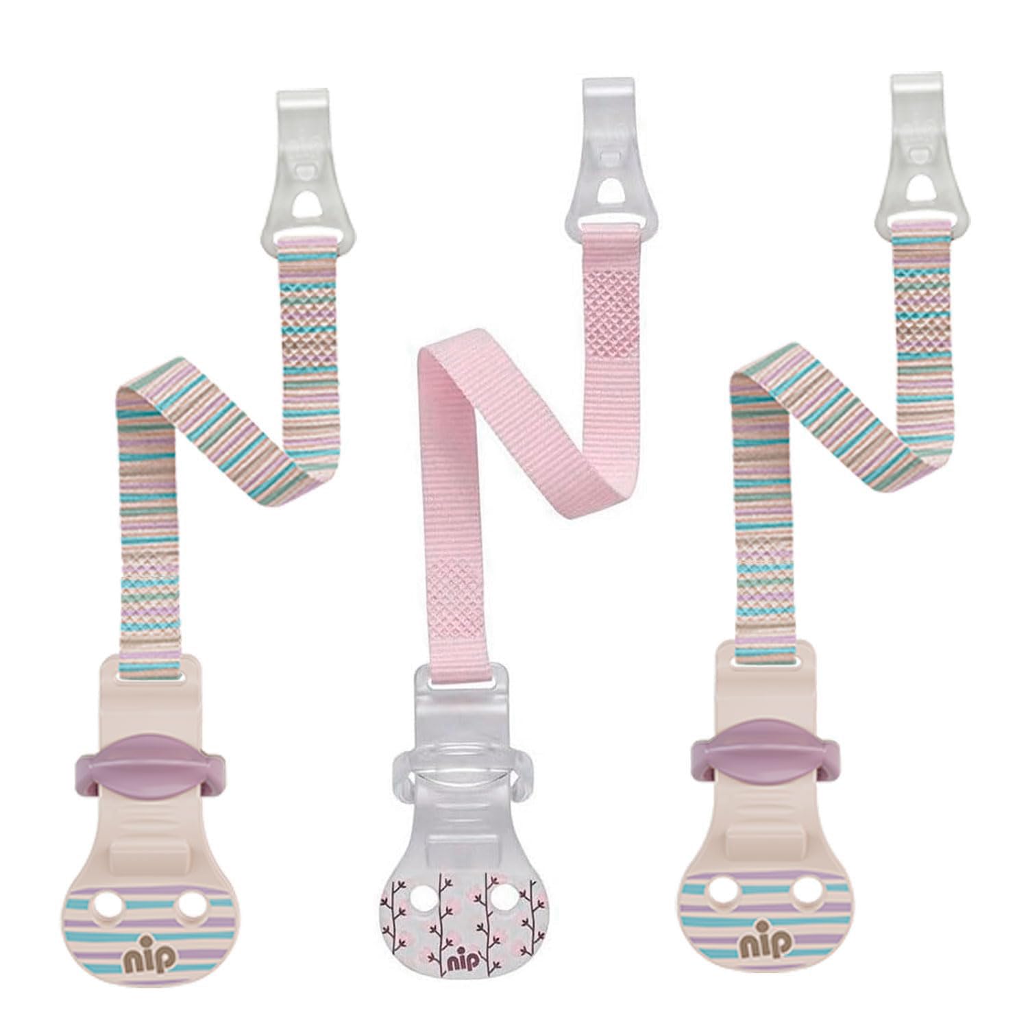 3er Pack NIP Schnullerband mit Haken 3 Stk. Schnullerkette für Schnuller mit Ring, pastel rose, metallfrei, BPA frei