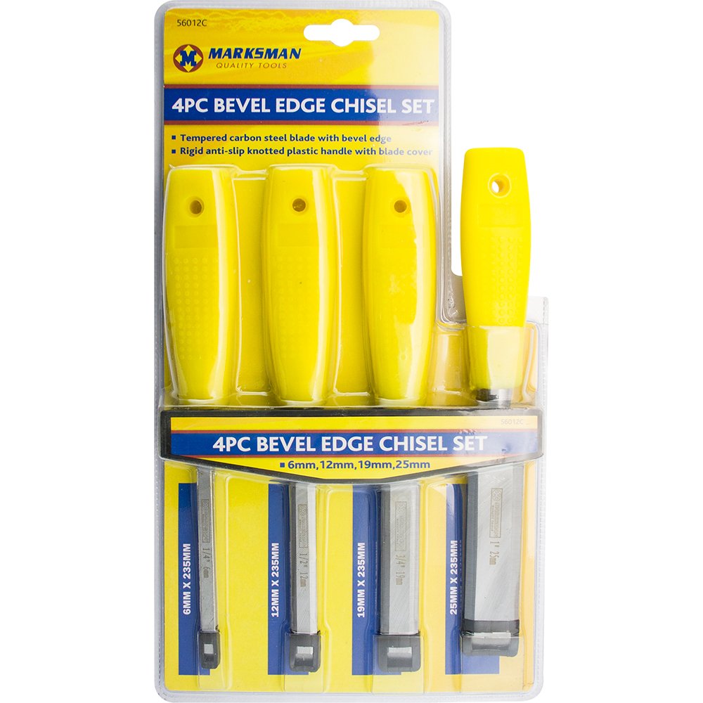 Bargains-Galore 4Pc Bevel Edge Chisel Set 6Mm-25Mm Carbon Steel Blade, Tempered, Plastic Handle, Wood Carving, Diy, Carpentry
