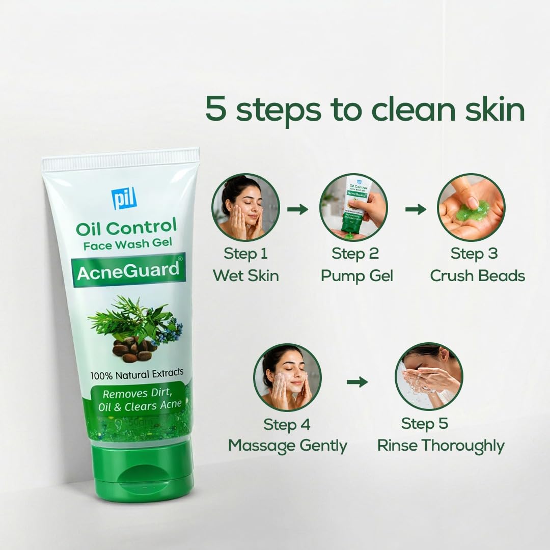 Pil Acneguard Face Wash Gel | Clears Acne, Pimples & Clogged Pores with Jojoba oil , Vitamin E & Tea Tree Oil | Perfect Blend Of Natural Ingredients | Deeply Cleanses, Gentle & Refreshing (50g Each, Pack of 4) 4