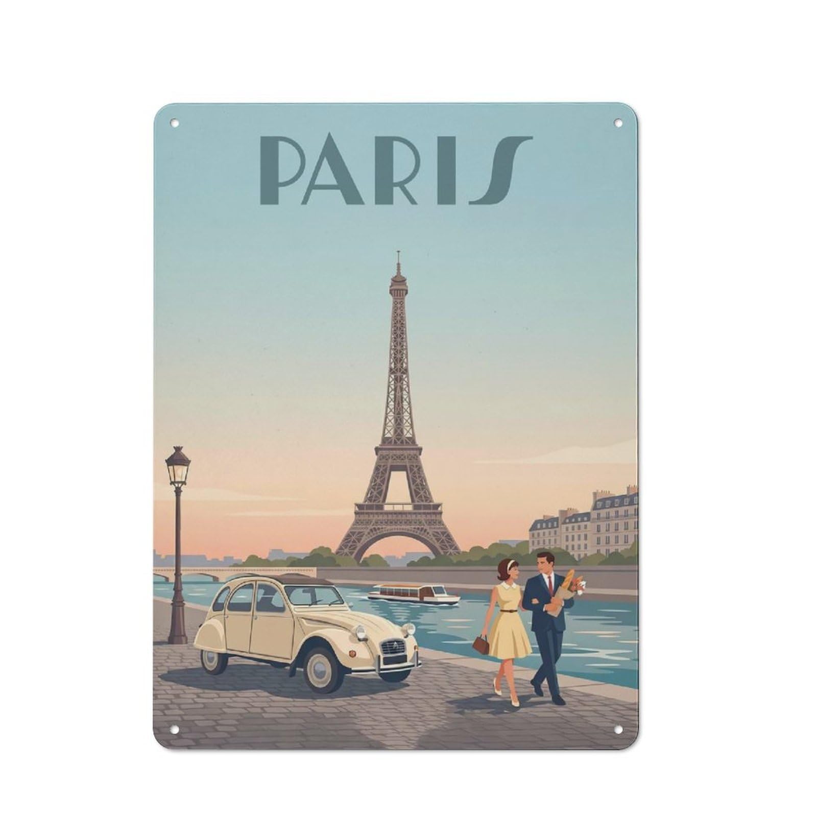 Junmoney Style-10 Retro Metal Wall Sign 40X30cm Featuring Parisian Scene With Eiffel Tower For Garage Wall, For Garage, Workshop And Man Cave Decoration