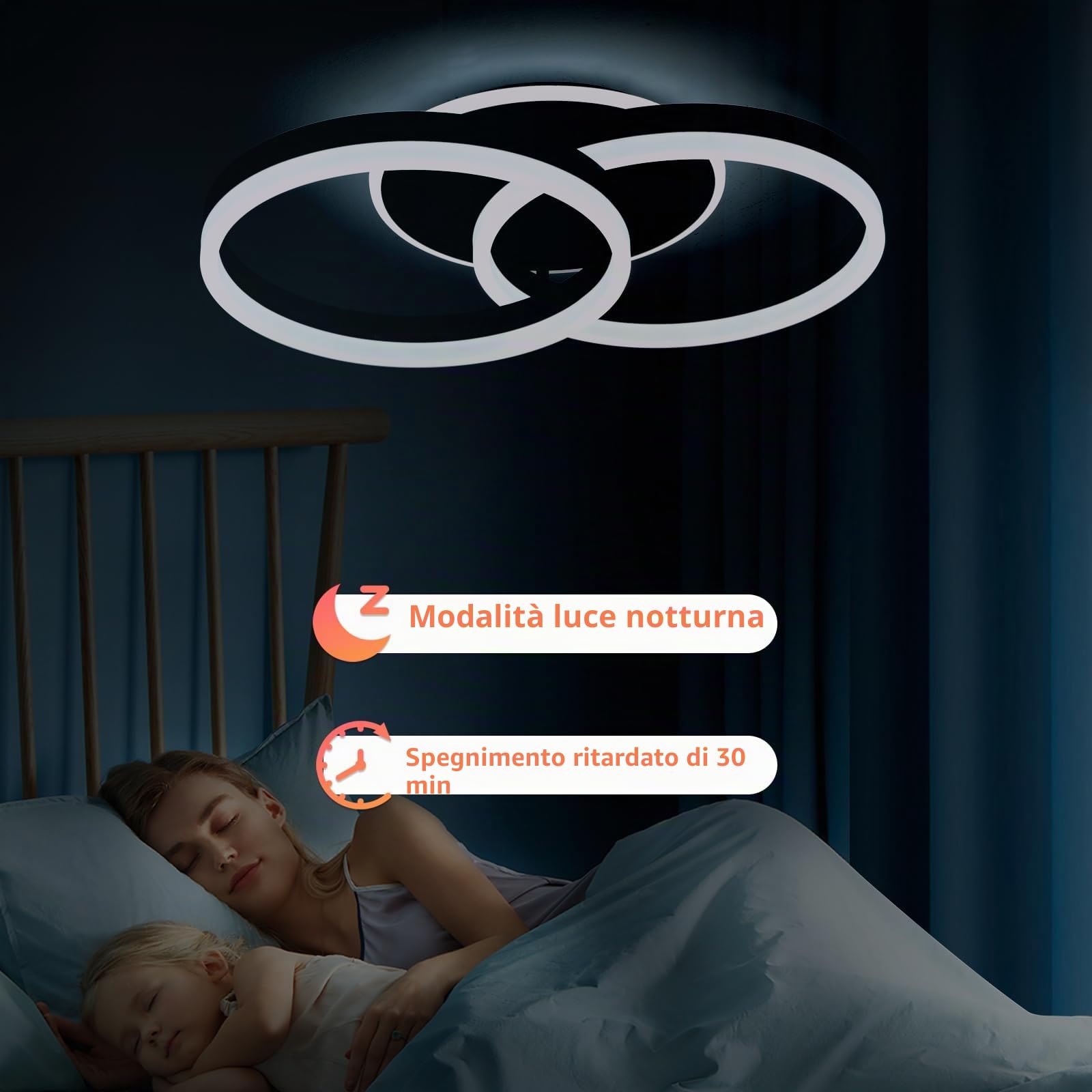 Smart Plafoniera LED Alexa, φ50 cm Design 2 Ring, Lampada da Soffitto 36W, Dimmerabile con Telecomando, Metallo+Acrilico, per Cucina, Camera da letto, Sala da Pranzo Nero