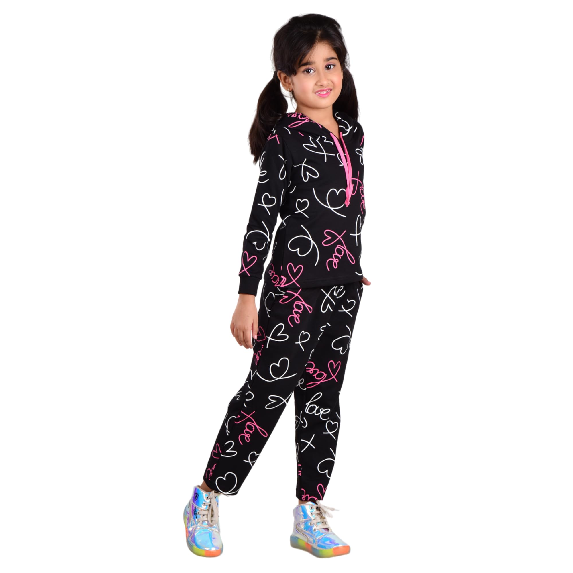 Clothe Funn Girls Hood Jacket & track Pant Set (5-6 Years, Black) 3