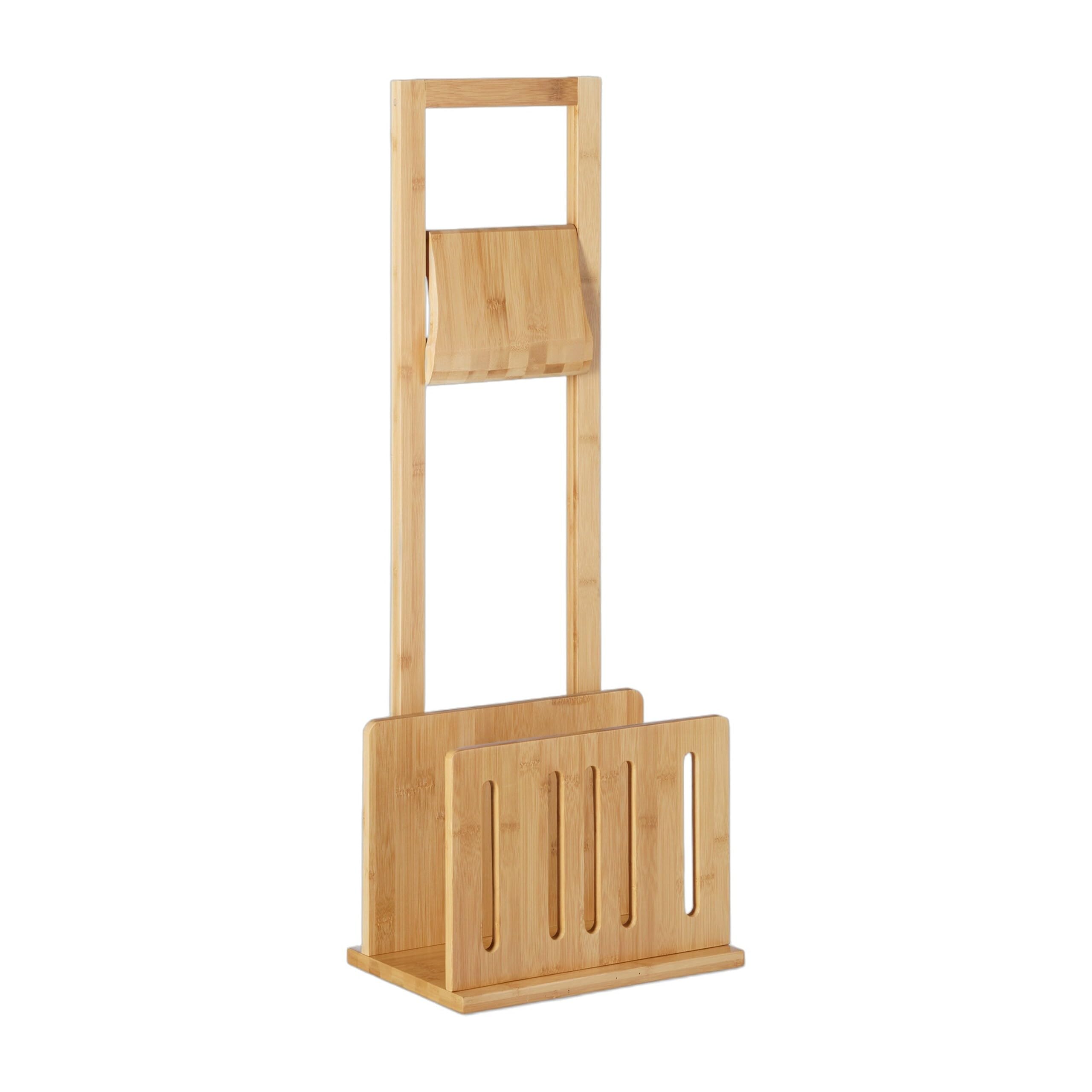 Relaxdays Soporte de papel higiénico con sitio para periódicos, bambú, conjunto de pie, revistero, 81,5 x 30,5 x 21 cm, natural