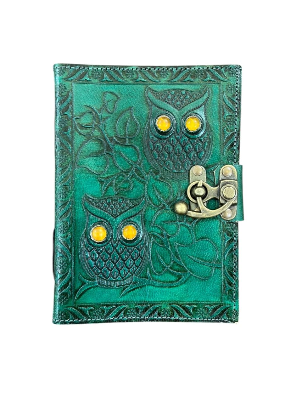 Carnet de notes cuir vert chouette feuilles blanches sans lignes - 6