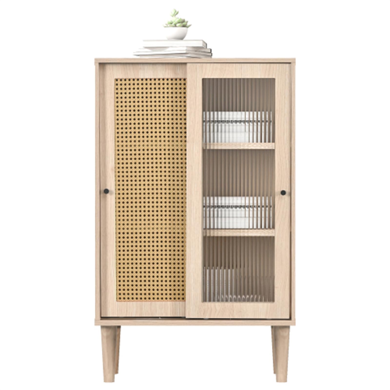 Credenza in Legno Alta 100 Cm con Anta in Rattan di Plastica E Anta Scorrevole in Vetro, Mobile da Ingresso con Spazio Multifunzionale per Riporre Oggetti