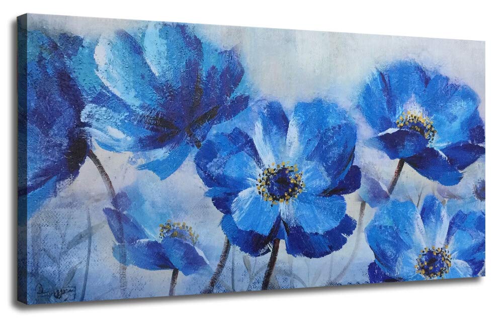 Ardemy Canvas Wall Art Blue Flowers Bloosm Painting Prints Modern One Panel Poppy Florals 40"x20" Large Size, Still Life Picture Framed Ready to Hang for Living Room Bedroom Home Office Kitchen Decor
