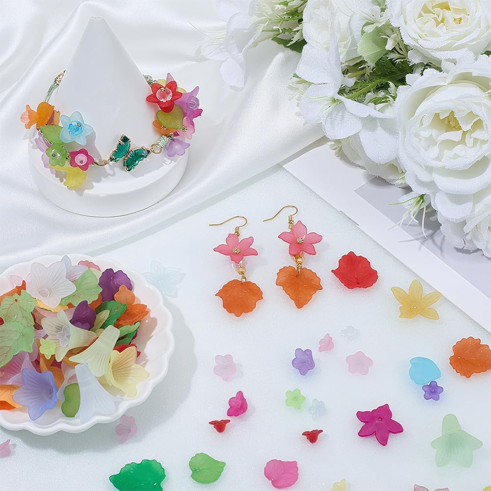 350Pcs Acrylic Flower Beads 8 Styles Colorful Frosted Floral Spacer Beads with Mixed Shapes and Leaf Caps for DIY Jewelry Making Earrings Necklaces Bracelets and Crafts - Image 4