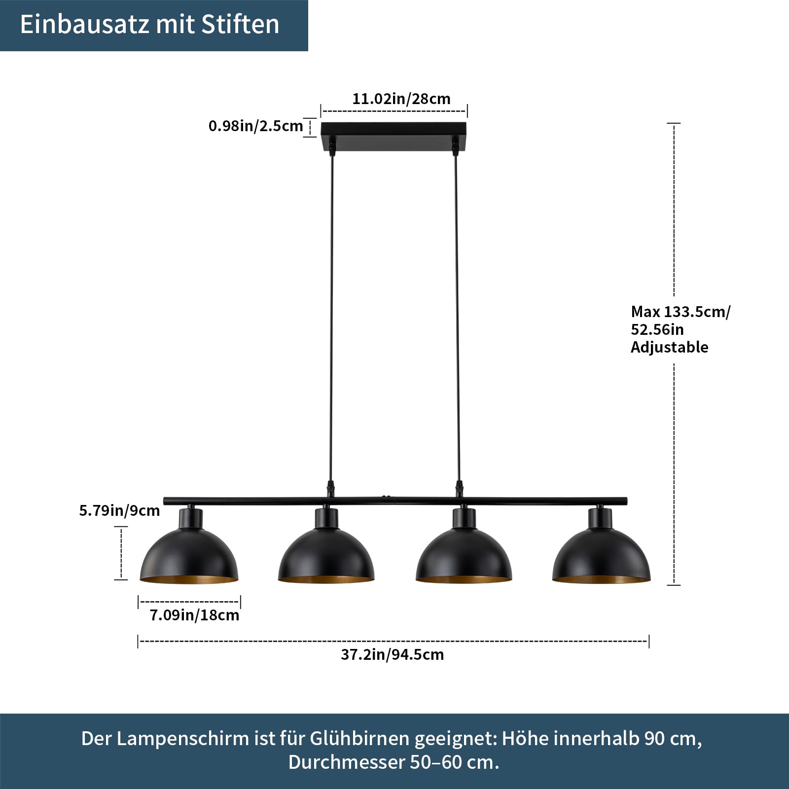 Pendelleuchte Esstisch Schwarz, Metall Lampenschirm Hängelampe 4 Flammig | WILON Vintage Pendelleuchte im Industrial Design, Wohnzimmerlampe Decke Hängend (Ohne Lichtquelle) [Energieklasse E]