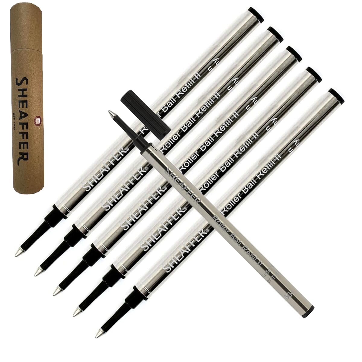 Lot de 6 recharges Sheaffer Slim pour stylos roller Sheaffer Valor, Agio, Prelude, intesity, VFM, Taranis, Sagaris, Sheaffer (100, 200, et 300) dans un tube de rangement (noir)