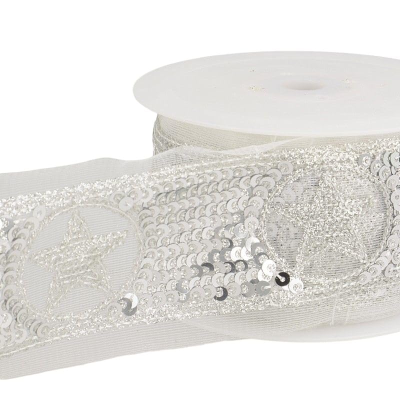 Bobine 10m Galon paillettes étoiles 50 mm Argent