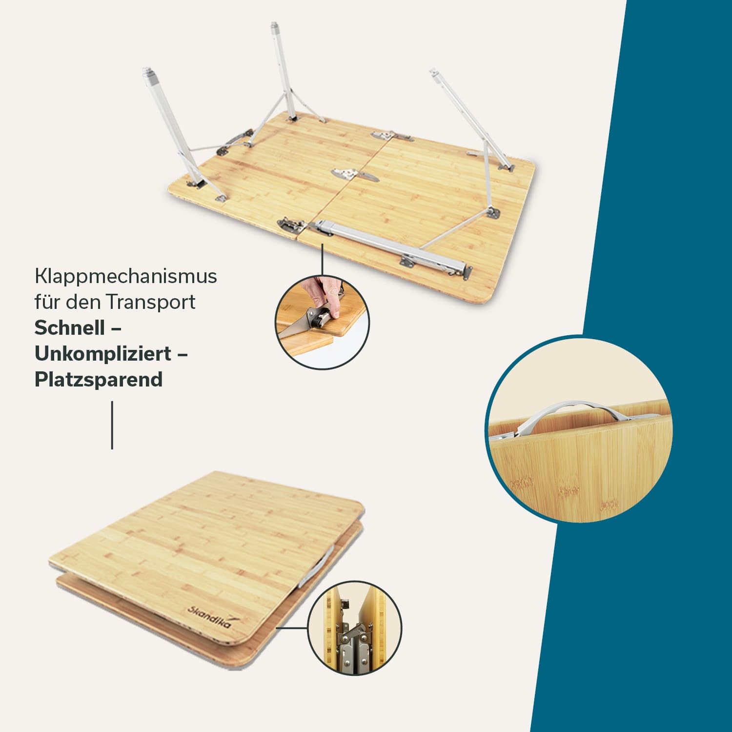 Skandika Bambus Campingtisch Tolja | Faltbarer Tisch mit Netzablage, versch. Größen, 3-Fach höhenverstellbar, Alu, Holz, wetterfest, UV-beständig | Klapptisch für Camping, Garten, Balkon