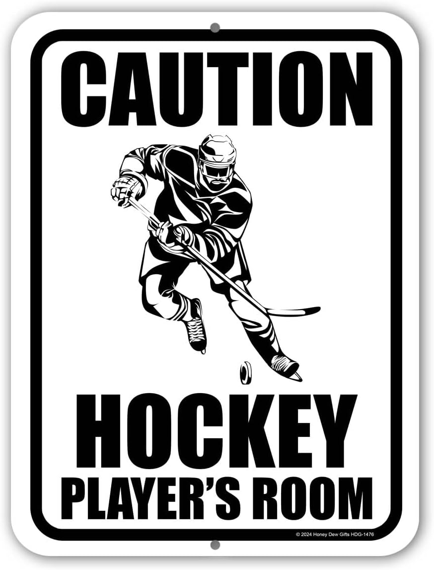 Honey Dew Gifts, Caution Hockey Player's Room, Door Signs for Home, Hockey Gifts, Hockey Decor, Sports Decor, Street Signs for Bedroom, Hockey Tin Sign, 9 inch by 12 inch, HDG-1476