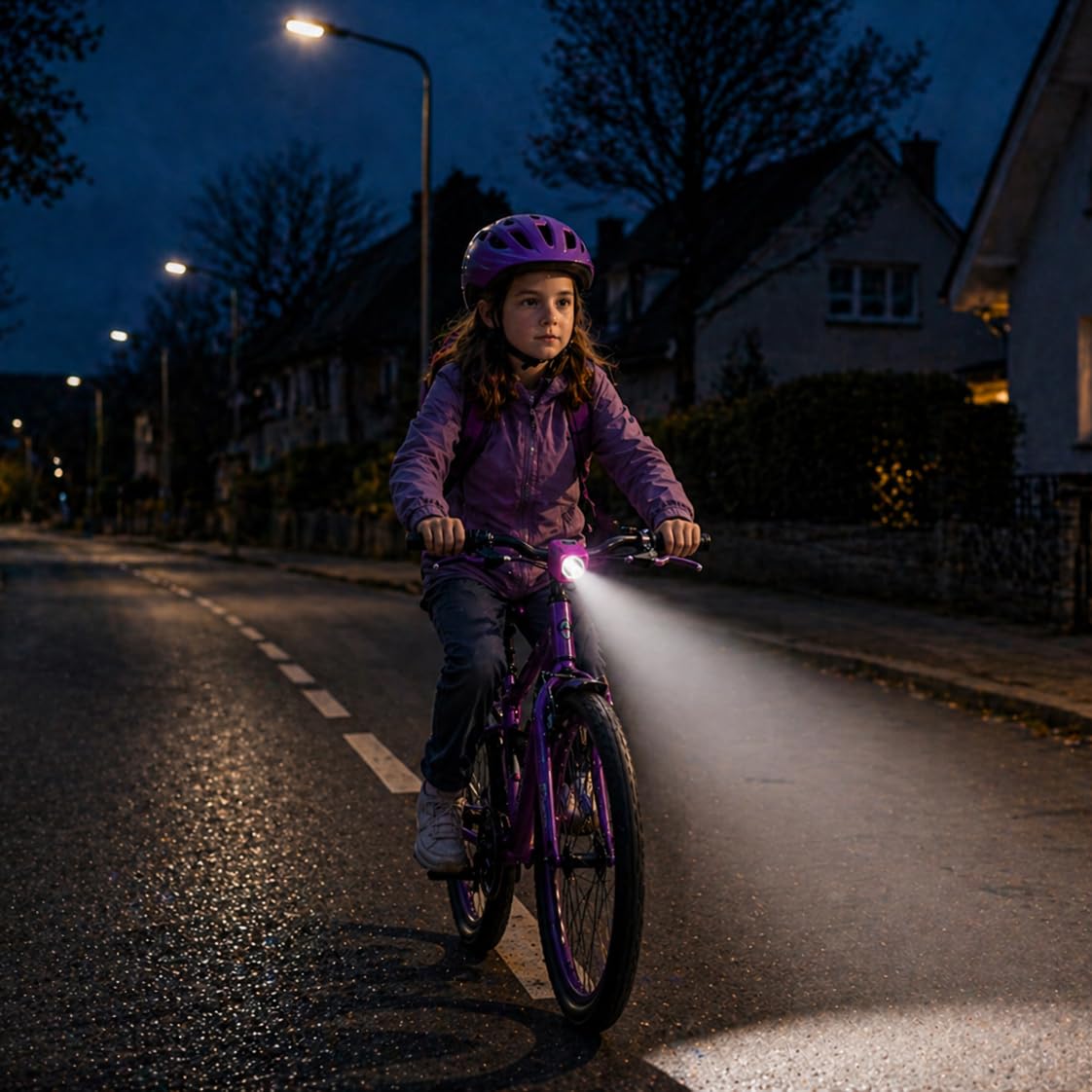 LED-MARTIN KIDDI zestaw świateł rowerowych, dopuszczony do ruchu drogowego, do rowerów dziecięcych, skuterów elektrycznych i biegowych, z kablem do ładowania 150 cm, niebieski, pomarańczowy, fioletowy