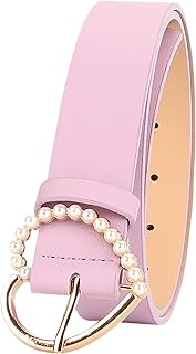Cinturón de cuero delgado para mujer, cinturón de vestir ajustable con hebilla de corazón de perla, cinturones finos de color sólido para vestido