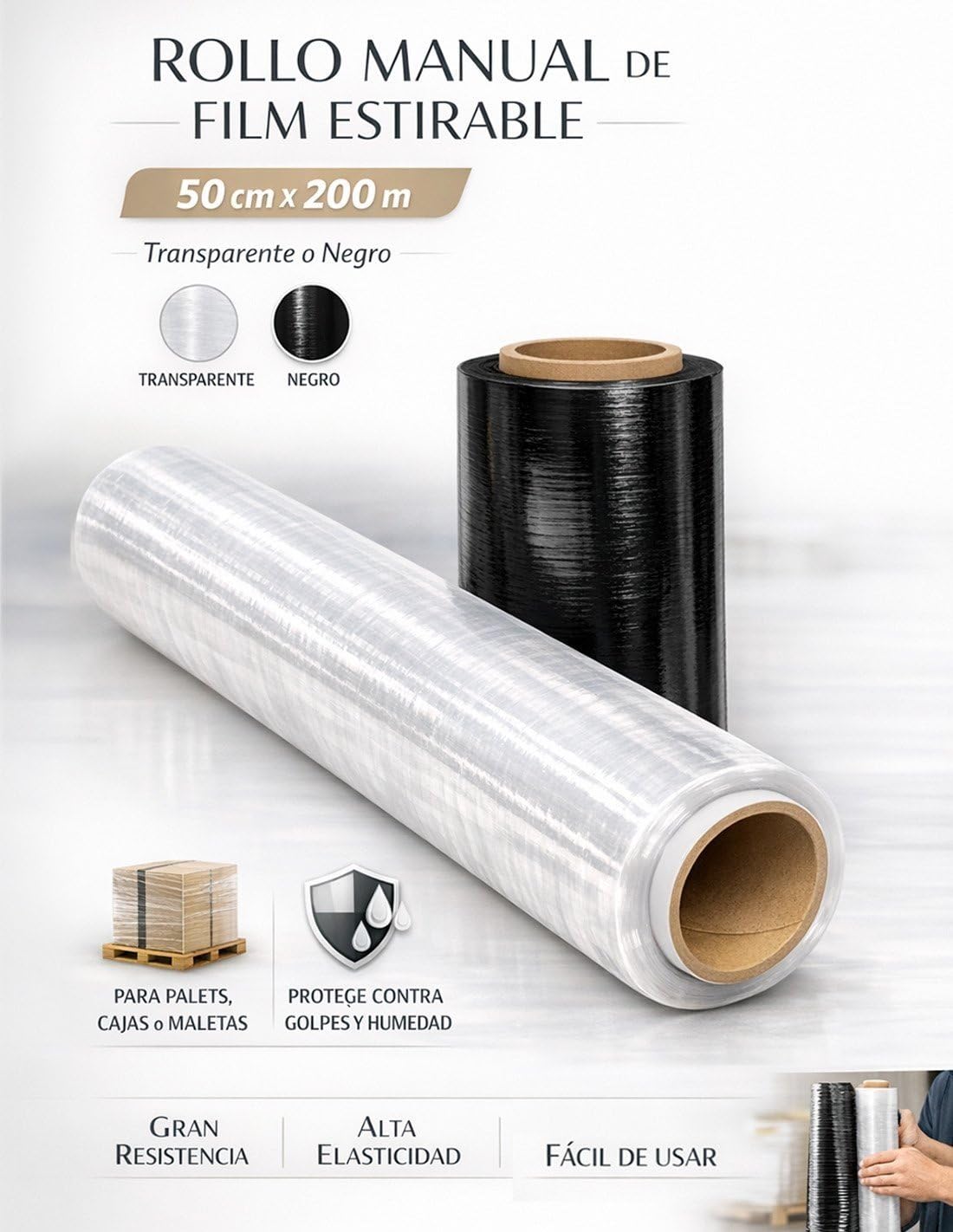 JARDIN202 - Film Estirable Manual Embalar Industrial, Mudanzas y Envios | Transparente o Negro | 50cm x 200 Metros | Papel Film | 12 rollos (Transparente)