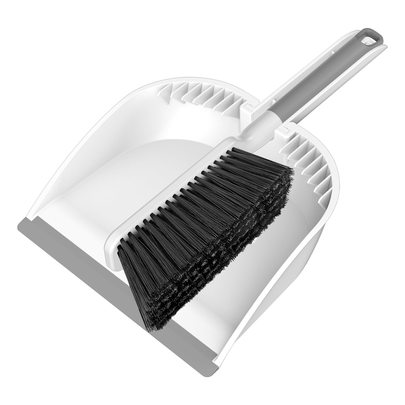 SetSail Juego de recogedor y cepillo pequeño, escoba de mano y recogedor de polvo con dientes, escoba portátil y recogedor adecuado para escritorio, cuidado de mascotas, sofá, camping, color blanco
