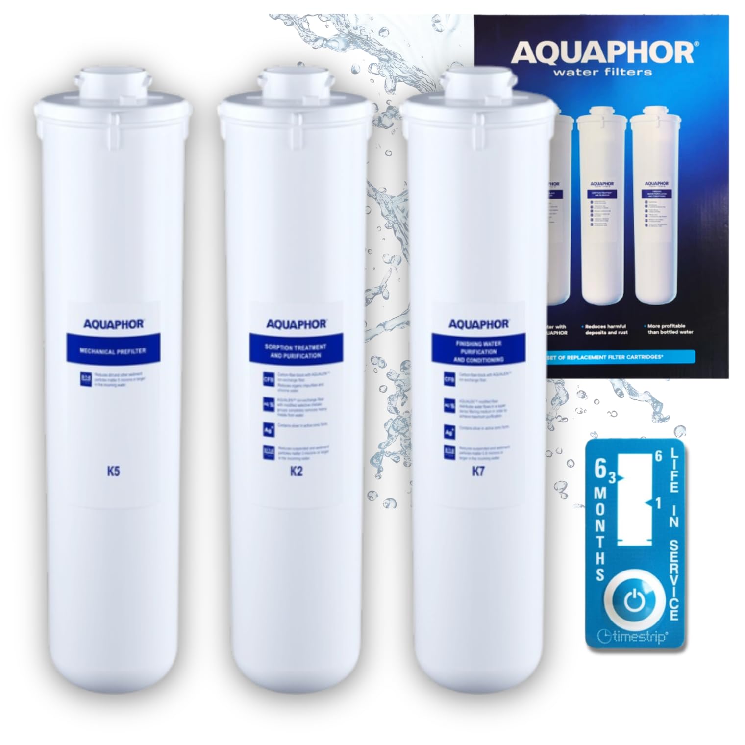 Aquaphor K5 K2 K7 Ersatzfilter Set für Kristall A Wasserfilter Untertisch mit Timestrip Wechselanzeige 3 Stück Filtereinsatz Set zur Trinkwasseraufbereitung gegen Chlor Schwermetalle Sand Rost