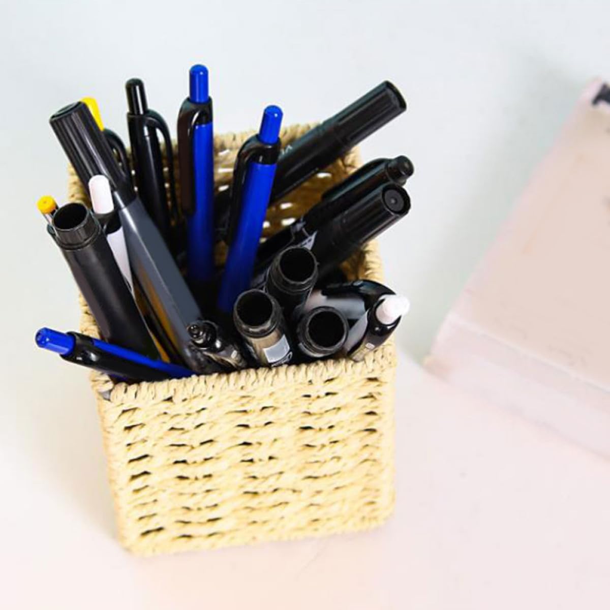 VILLCASE 2 Cajas De Papelería Decorativas Contenedor De Bolígrafos Tejido Portalápices De Algas Marinas Contenedores De Escritorio De Oficina Cesta De Almacenamiento