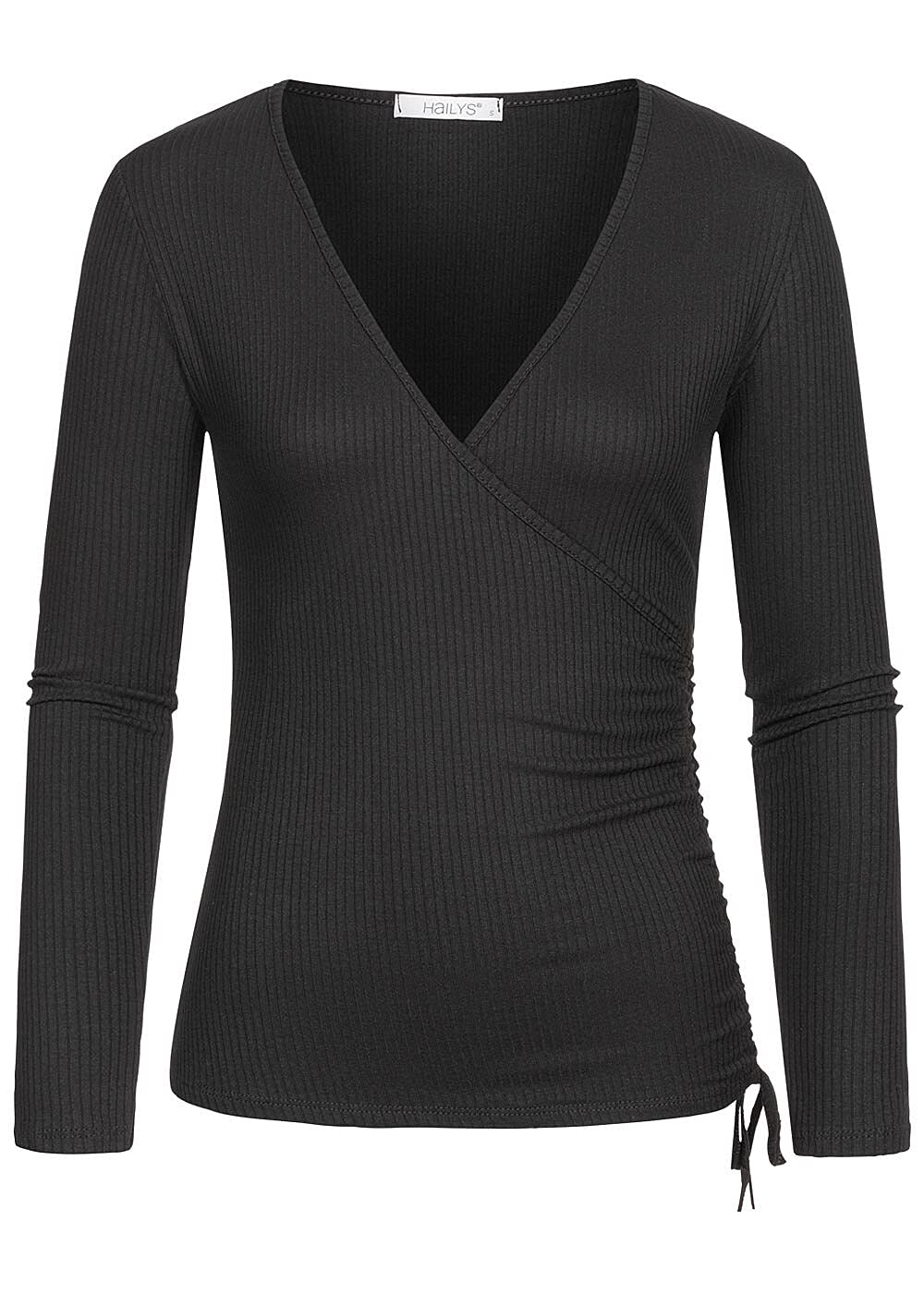 Hailys Long Sleeves Women Wrap Style Black Top With Knot In One Side to Adjust Length,Made In Italy,XL