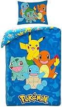 Halantex POK579 Pokemon Bedding Set with Pikachu, Charmander, Squirrel and Bulbasarre, Duvet Cover 140 x 200 cm + Pillowcase, Blue, POK579