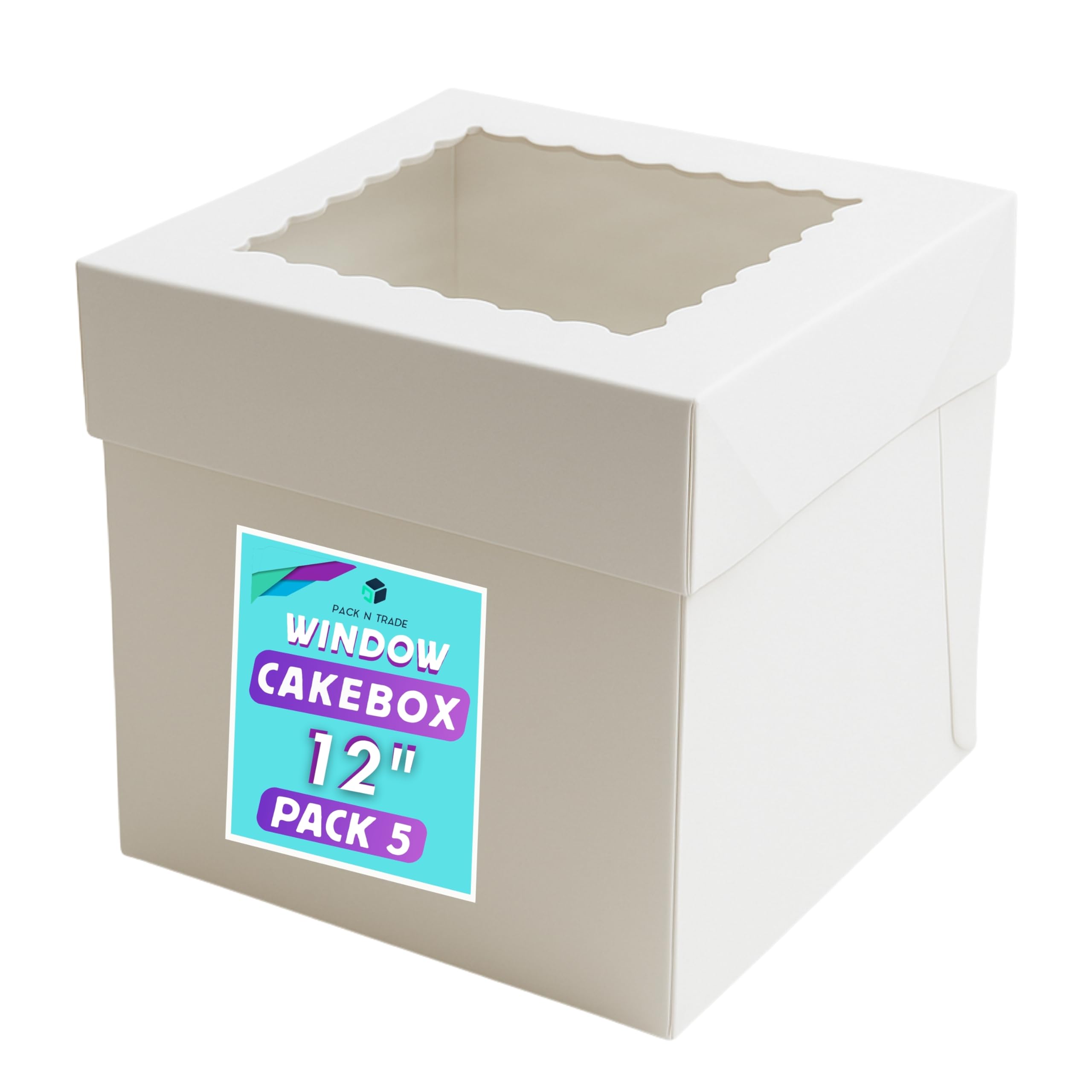 PACK N TRADE White 12 Inch Cake Box With Transparent Window, Pack of 5 Square Cardboard Cake Boxes (12 x 12 x 8 Inches), Ideal for Safely Carrying and Transporting Cakes