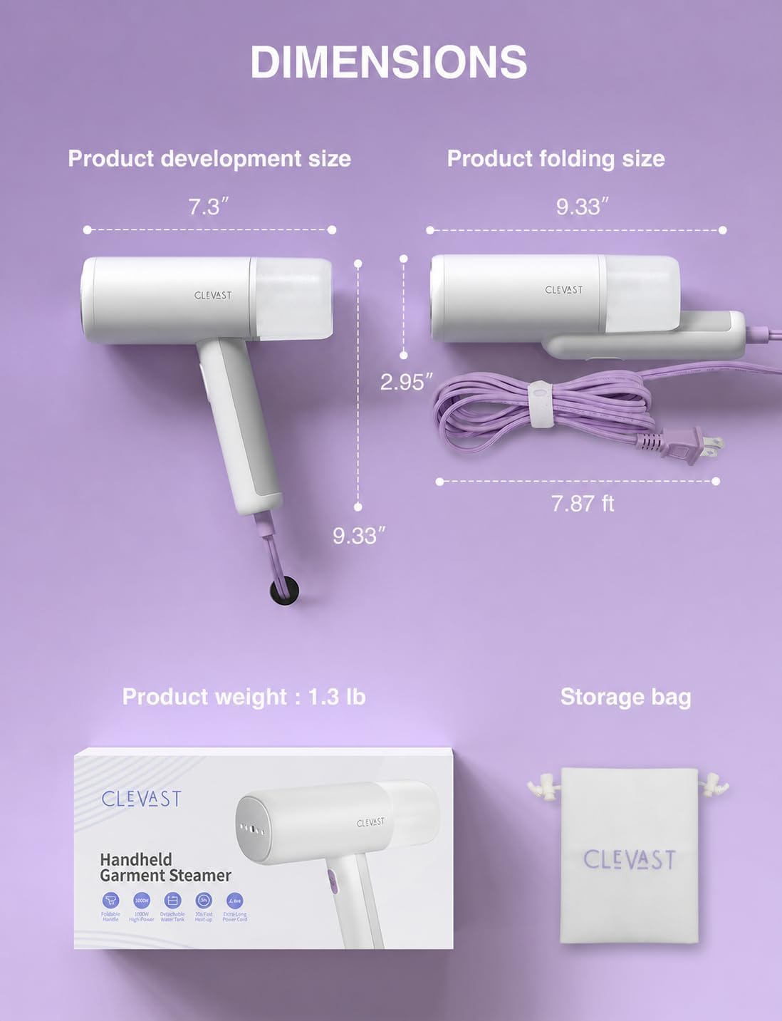 CLEVAST Steamer for Clothes, Foldable, Travel Size, 30-Second Fast Heat Up | Portable Garment Steamer, 1000W Powerful Steam Output, Handheld, Compact, Foldable, 120V Only