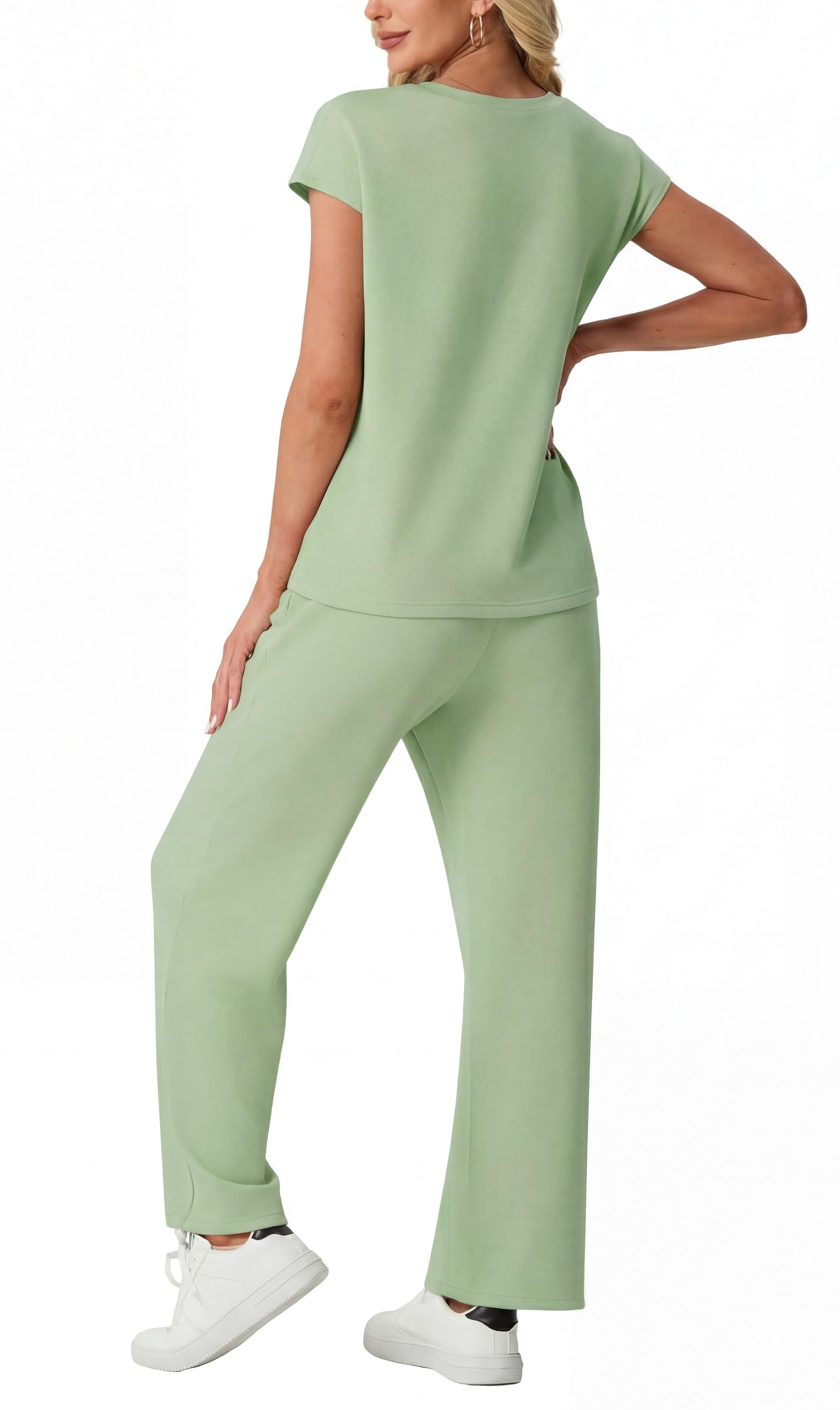 GRECERELLE Conjunto completo de chándal para mujer, de manga corta, de verano, para descansar, conjunto de dos piezas, casual, cuello redondo, tops y pantalones deportivos para gimnasio con bolsillos