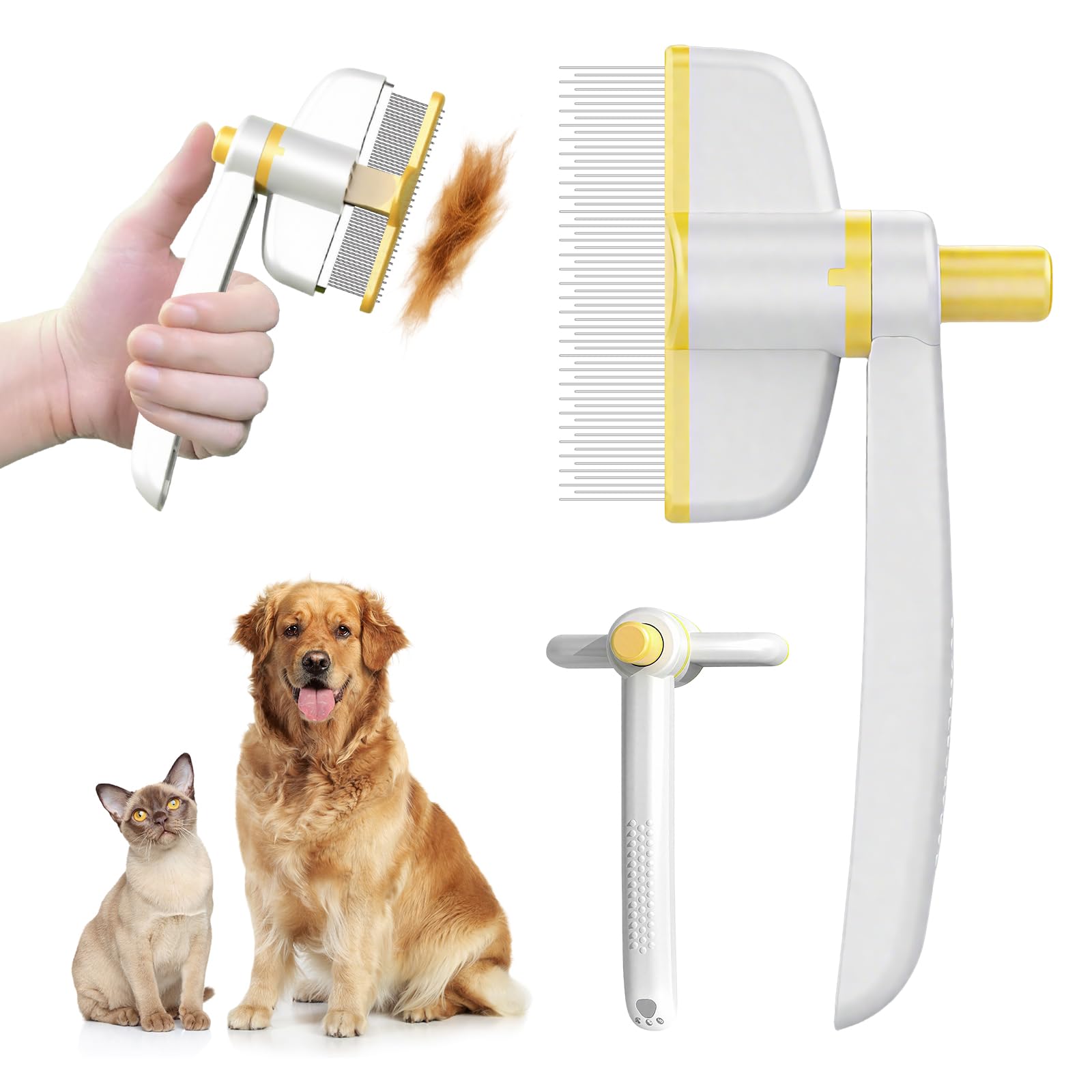 Pet hair comb, cat and dog flea comb, stainless steel long and short teeth, rotatable comb head, self-cleaning design