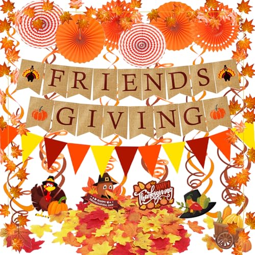 Famoby GIVE Thanks Burlap Banner Paper Triangular Bunting Maple Leaf Garland Plastic Streamer for Autumn Harvest Thanksgiving Day Party Decoration