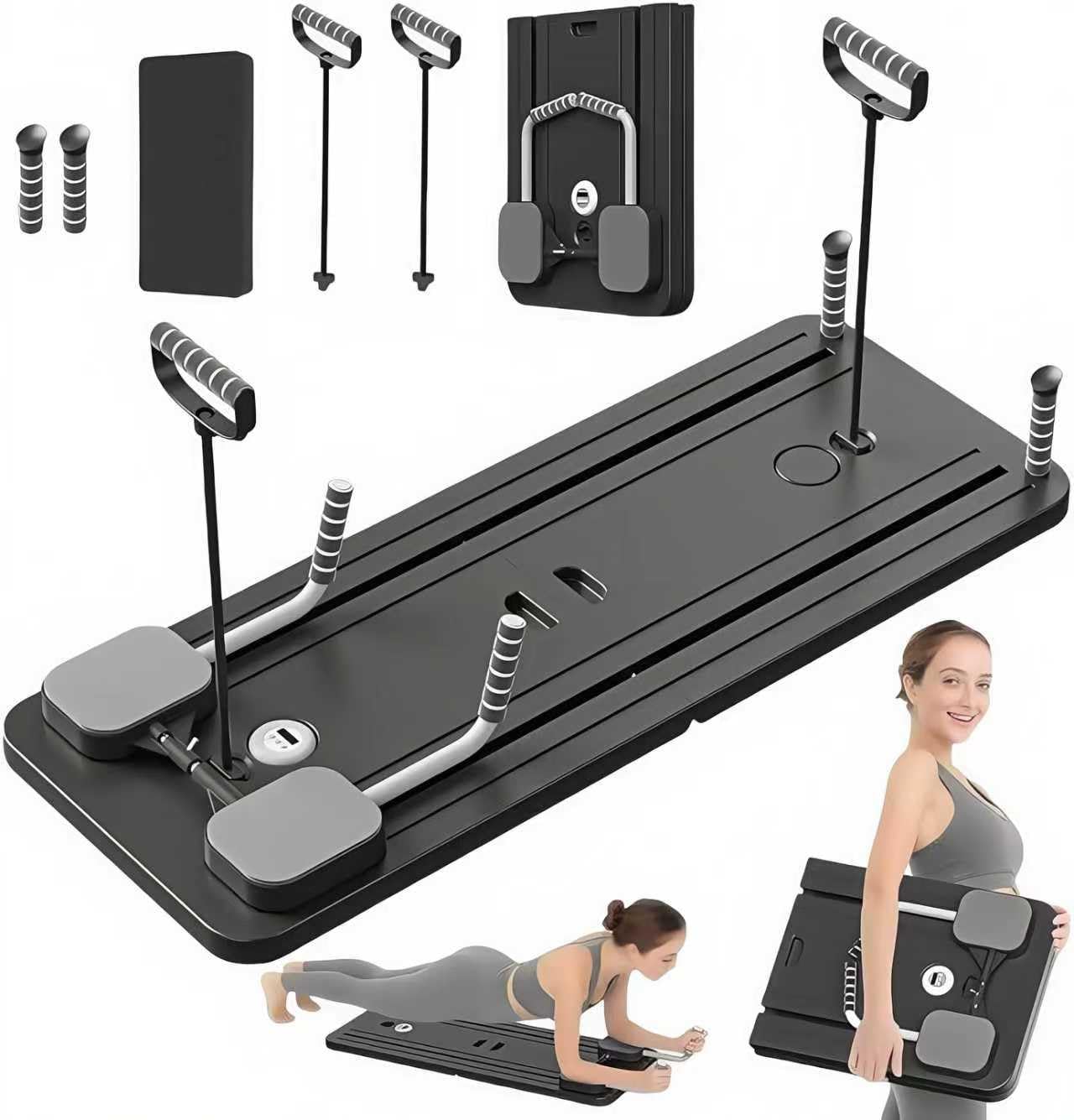Pilates Reformer 4 en 1 Plegable, con Rodillo Abdominal de Rebote Automático y Contador, Tabla Multifuncional de Entrenamiento con Cuerda de Tensión para Gimnasio en Casa y Cuerpo Completo