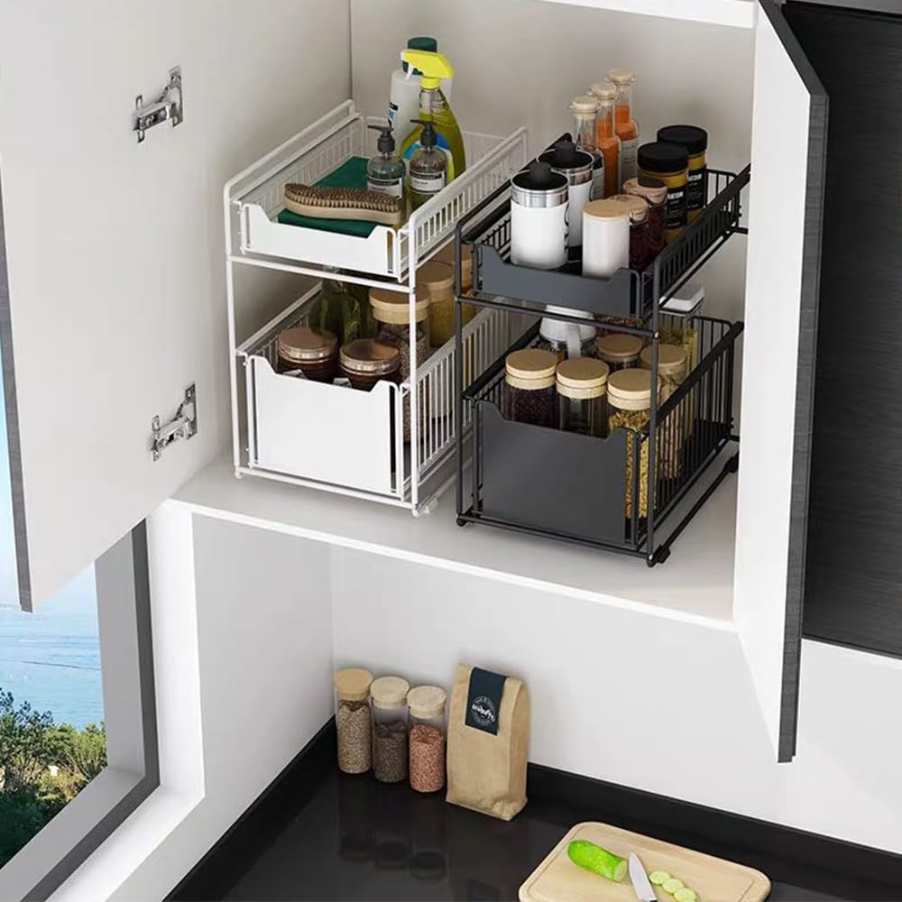 Supfine Rangement Sous évier à 2 Niveaux,Organisateur Cuisine 2 Tiroirs Coulissants,Panier Rangement Coulissan Sous évier Cuisine,Garde-Manger,Chambre,Porte-épices 37,4x21,9x44 cm (2, Blanc)
