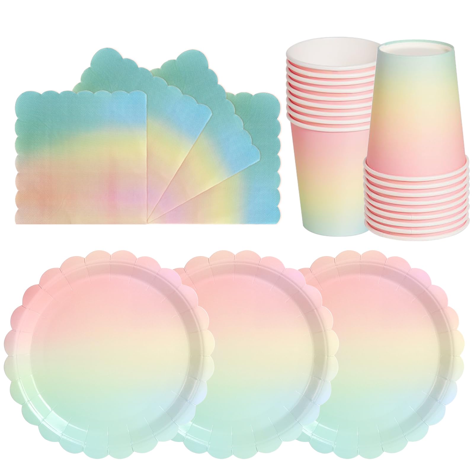 hailstones Rainbow Disposable Scalloped Party Paper Plates Set Tableware Supplies - 24 Pack of 7 Inch Plates, Cups & Napkins for Kids Birthday Decorations Christening Wedding Shower