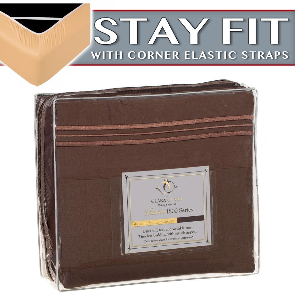 Clara Clark 1800 Series Bed Sheet Sets - Stay fit on Mattress with Elastic Straps at Corners - King, Chocolate Brown
