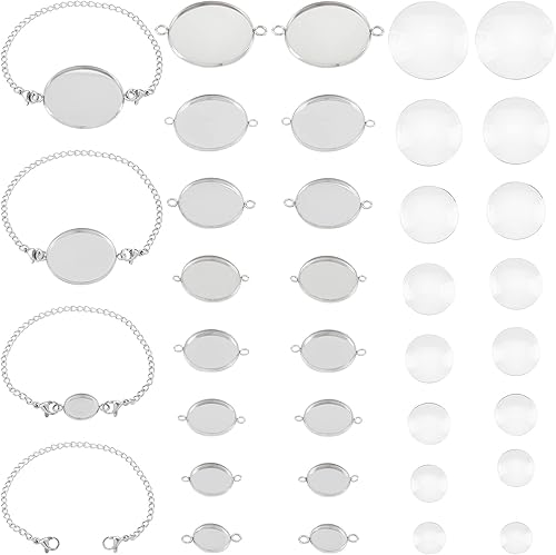 Miniatura 1 de CHGCRAFT 40 colgantes de bisel de acero inoxidable 304 de 8 tamaños con conector de cabujones de vidrio, eslabones de bisel, ajustes de conectores