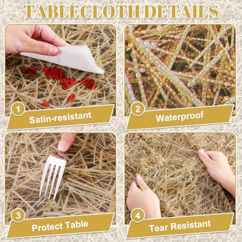 Image of 3 Pack Straw Plastic Tablecloth, 54 x 108 Inch Disposable Farm Hay Tablecloths Waterproof Rectangle Western Birthday Theme Table Cover for Cowboy Western Barn Birthday Baby Shower Party Supplies