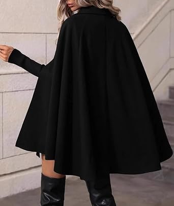 SOMTHRON Women's Winter Cape Coat Double Breast Slit Sleeve Notched Lapel Flowy Vintage Wool Blend Cloak Coat
