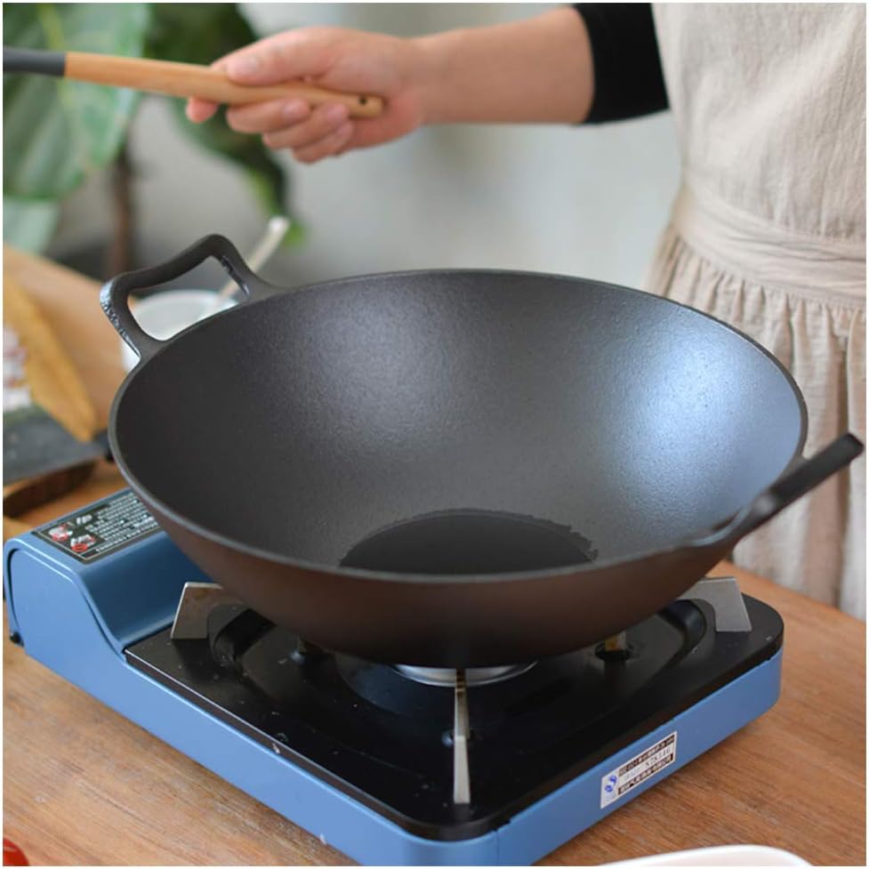14 inch Traditional Hand Hammered Cast Iron Wok, Chef's Pot, with 2 Pan Ear and Cover-36cm (33cm)