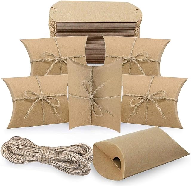 FYSL 50pcs Brown Pillow Boxes, Kraft Pillow Boxes, Pillows Candy Boxes, Kraft Paper Vintage Natural Pillow Boxes for Wedding Birthday Annivesary Christmas Party