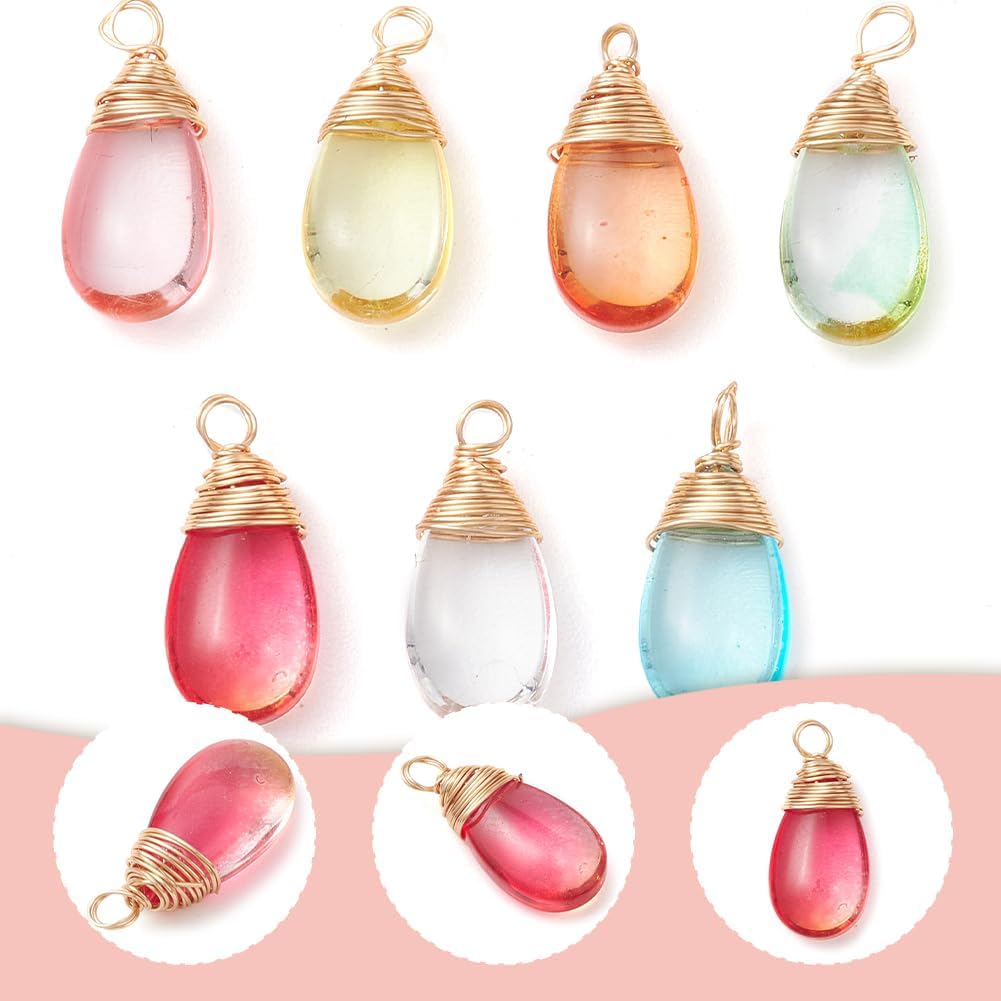 1 Box 50Pcs Teardrop Dangle Charms Colored Crystal Charms Assorted Glass Water Drop Random Smooth Brass Copper Wire Small Pendants Findings for DIY Necklaces Earrings Jewelry Making Crafts - Image 7