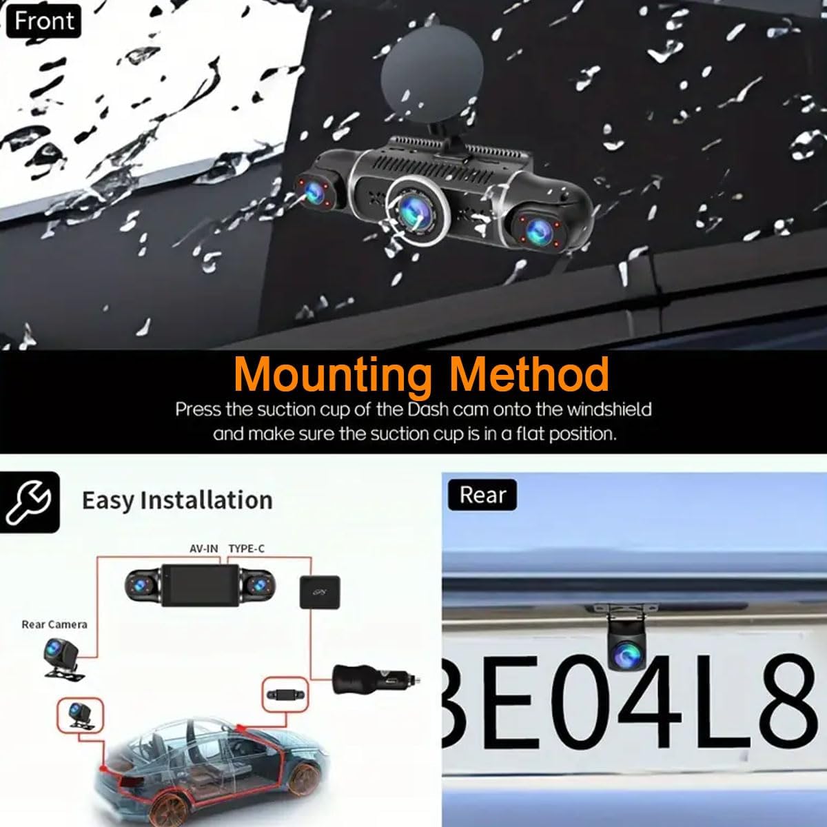 Image showing the dash cam mounting method with a suction cup on the windshield and a diagram of the wiring for front and rear cameras.