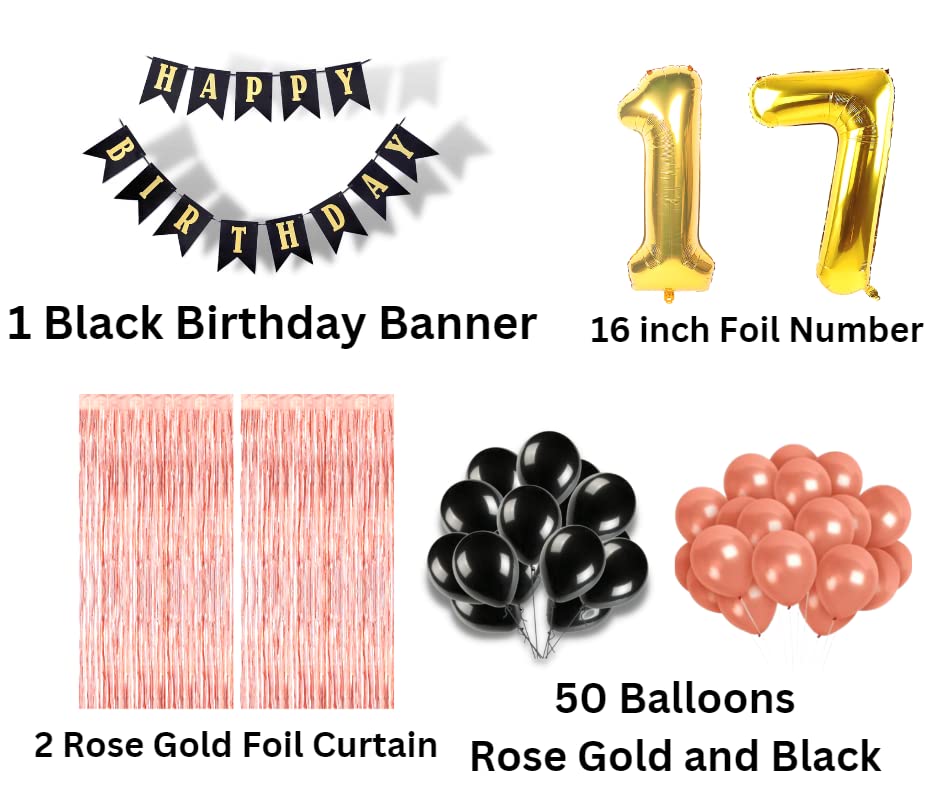 Image of 17th Birthday Decoration items for Girls with Black and Rose Gold Balloons, Black Happy Birthday Banner, Rose Gold Foil Curtain, Foil Balloon number 17