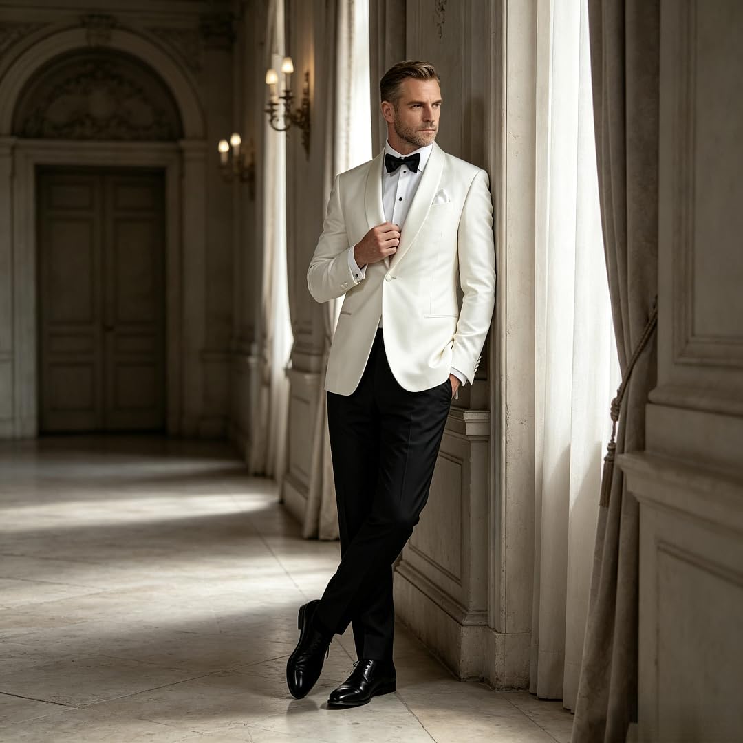 da Uomo Bianco Risvolto a Scialle Giacca da Smoking Slim Fit A Un Bottone Abito da Sera Blazer per Matrimonio Ballo di fine Anno Feste Formali